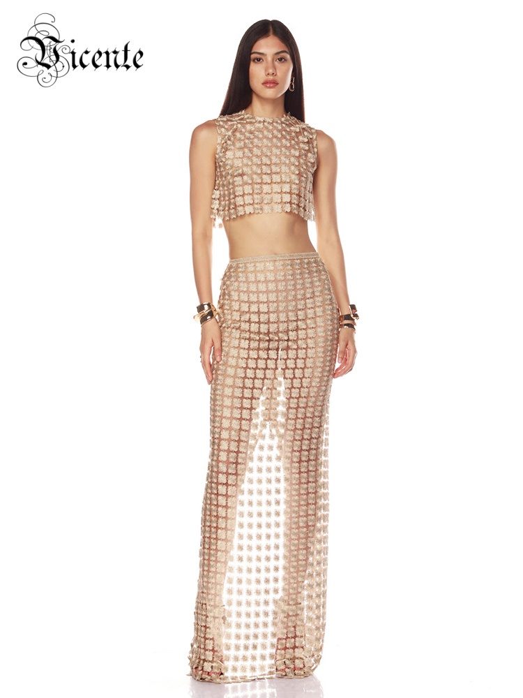Embroidery Skirt - VC Stylish Beige Sleeveless Cropped Top