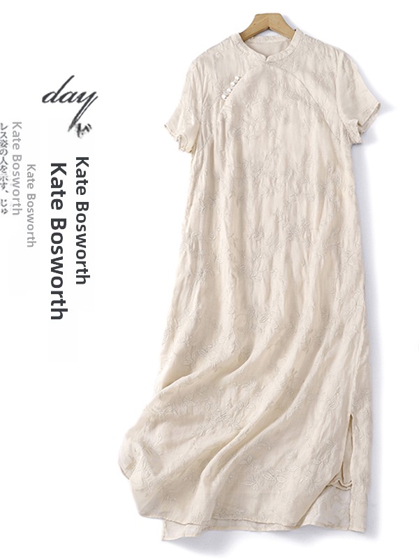 Embroidery Artist - Elegant Chinese Style Cotton Linen Dress