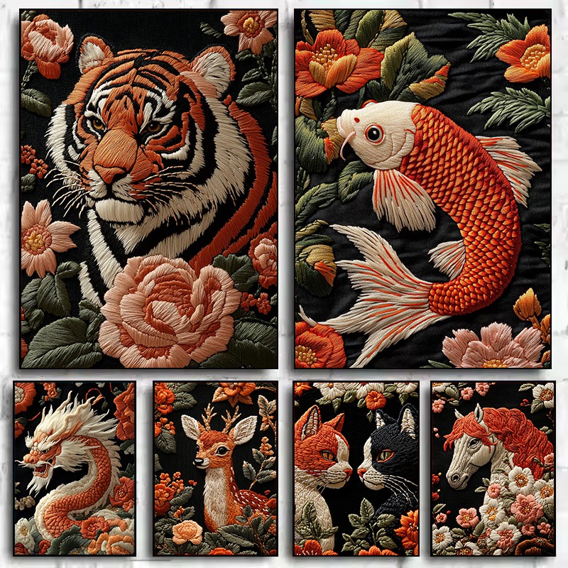 Embroidery Artist - Embroidery Style Art Animals Poster Floral