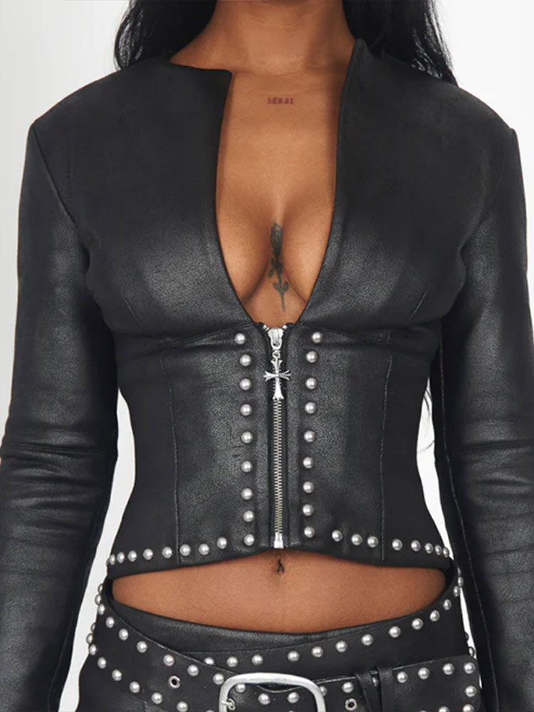 Fashion Rivet Decor Pu Leather - Embroidery Skirt review and price