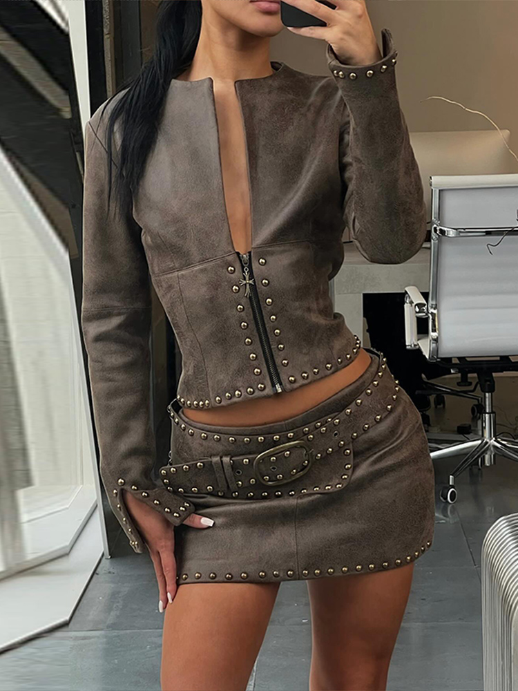 Fashion Rivet Decor Pu Leather - Embroidery Skirt review and price
